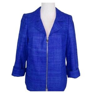 CARLISLE Royal Blue 100% Linen Silk Zip Front Tweed Jacket Women's Size 10
